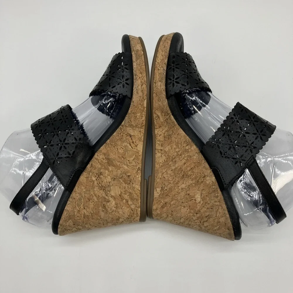 Walking Cradles Sandals 9 W Black Leather Cork Wedge Slingback Shoes Ankle Strap